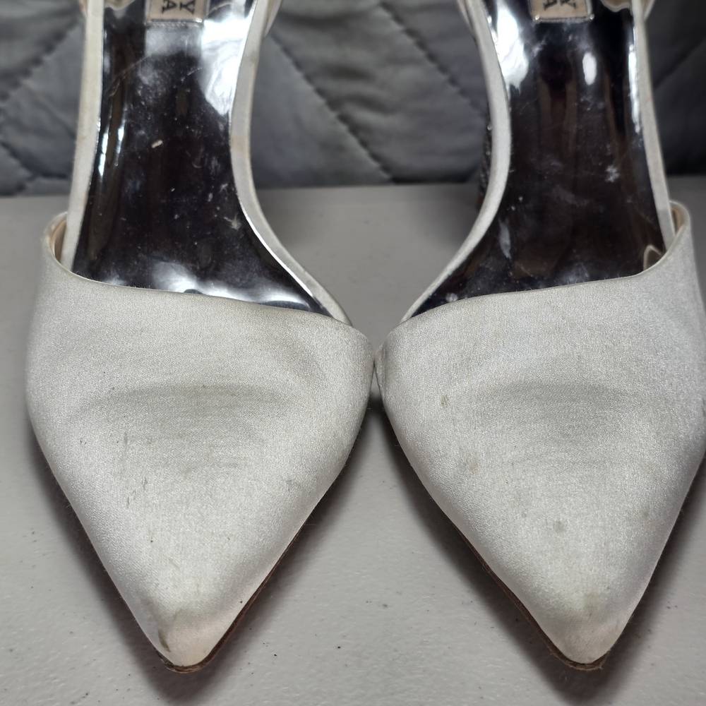 BADGLEY MISCHKA Women's Nude Satin Blanca Rhinestone Ankle-Strap Pumps SZ 10 - Picture 14 of 14